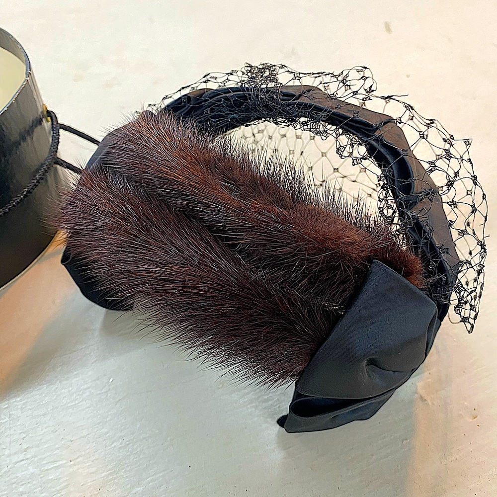 Vintage 1950s Fur Fascinator Headband Veil Hat + Original Box